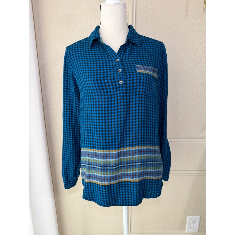 Westbound Blue Gingham Plaid Roll Tab Sleeve Henley Blouse Top